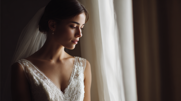 Modest classic wedding dress subtle elegance minimalist bride soft natural light